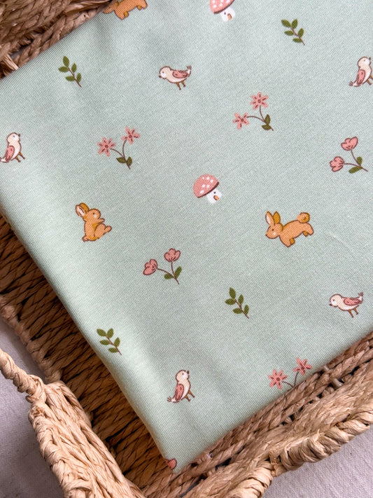 Organic Printed Cotton Jersey Fabric - Sage Woodland Animals