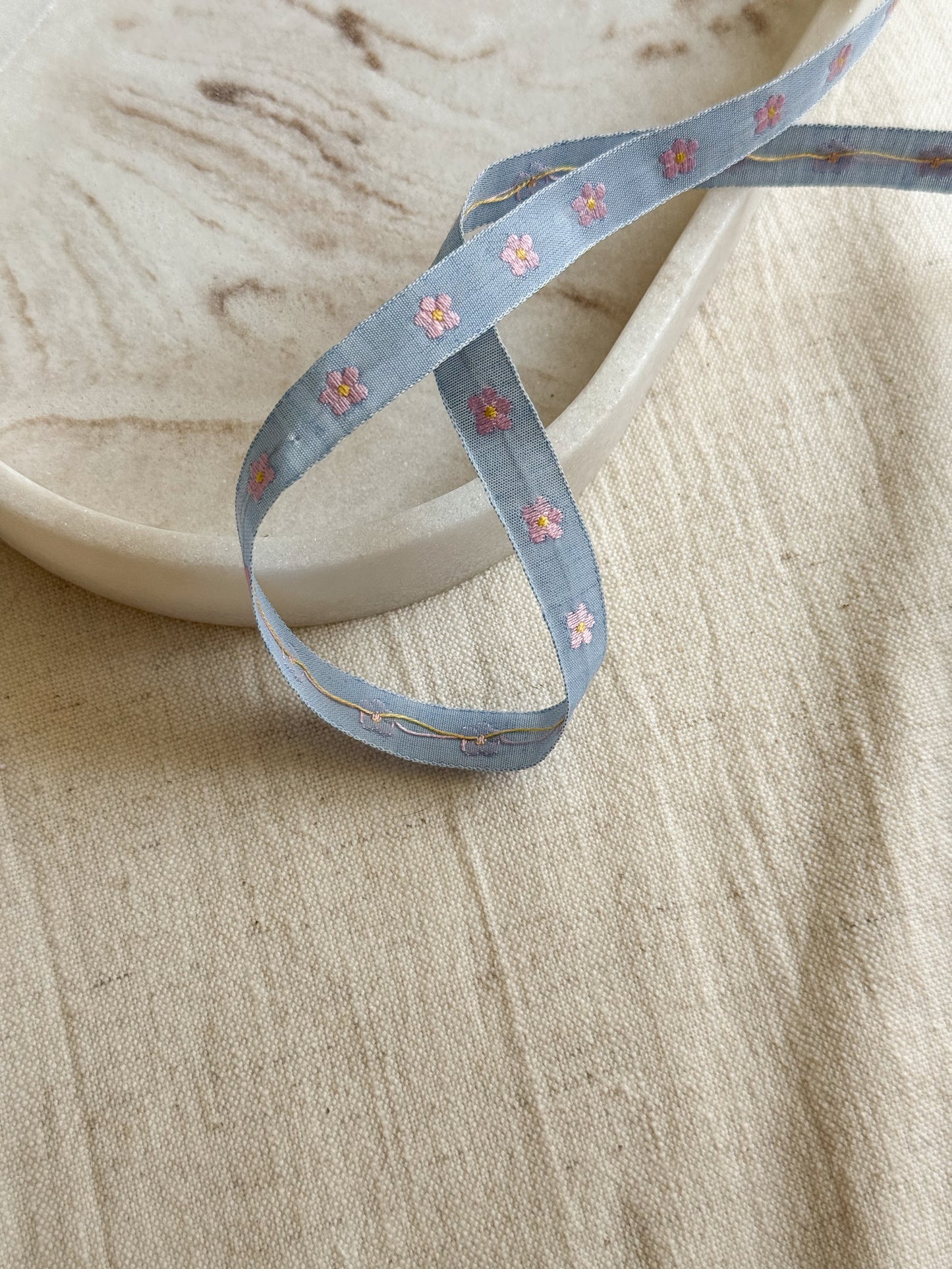 Jacquard Woven Ribbon - Blue & Rose Flowers - 10mm