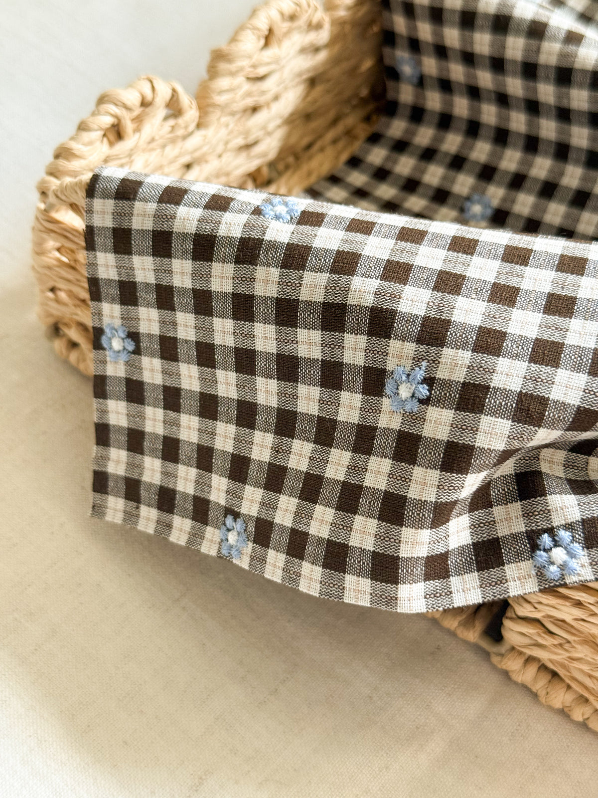 Cotton Viscose Blend Embroidered Gingham Fabric - Cocoa