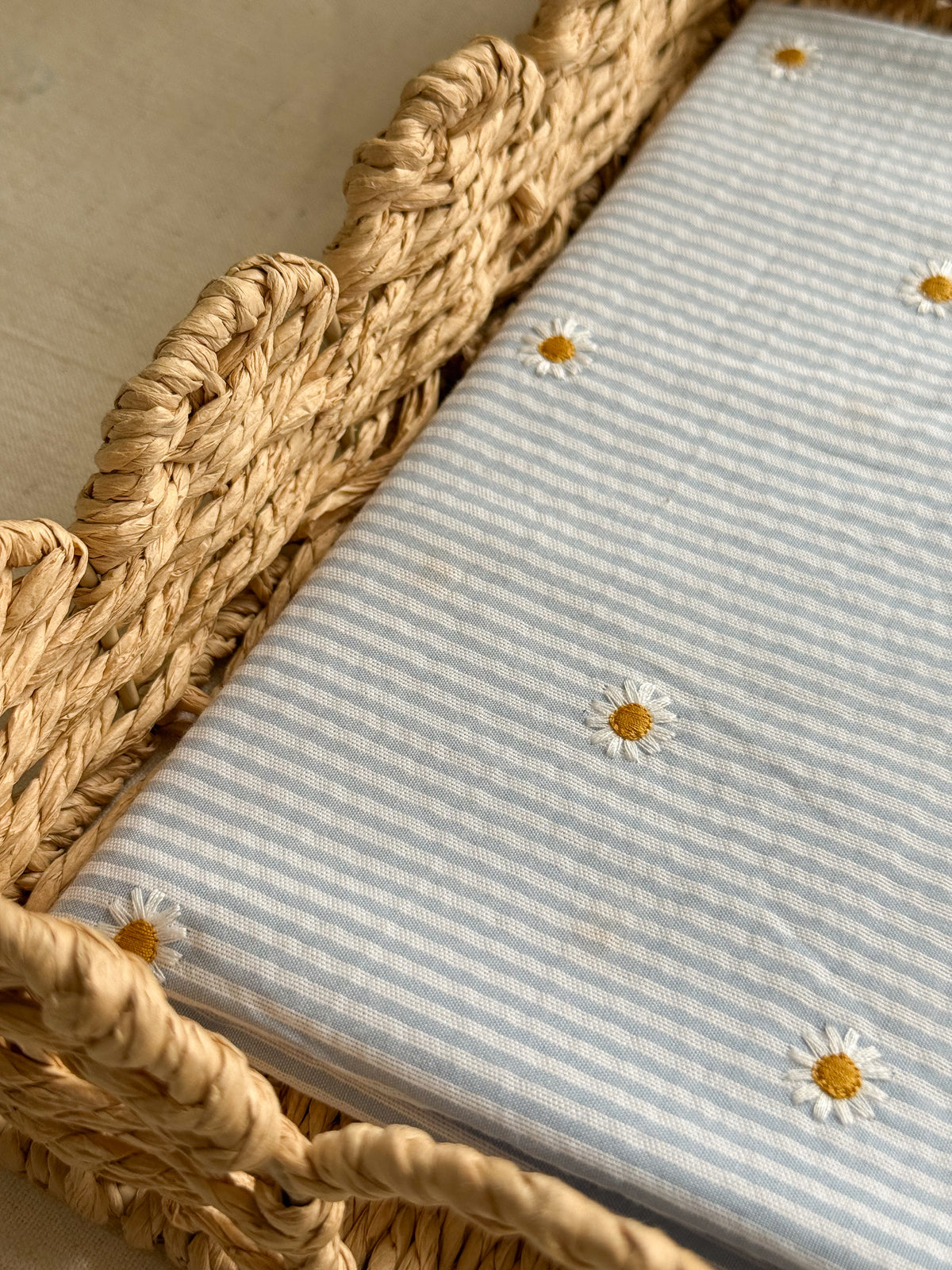 Cotton Stripe Seersucker Fabric With Embroidered Daisy - Light Blue