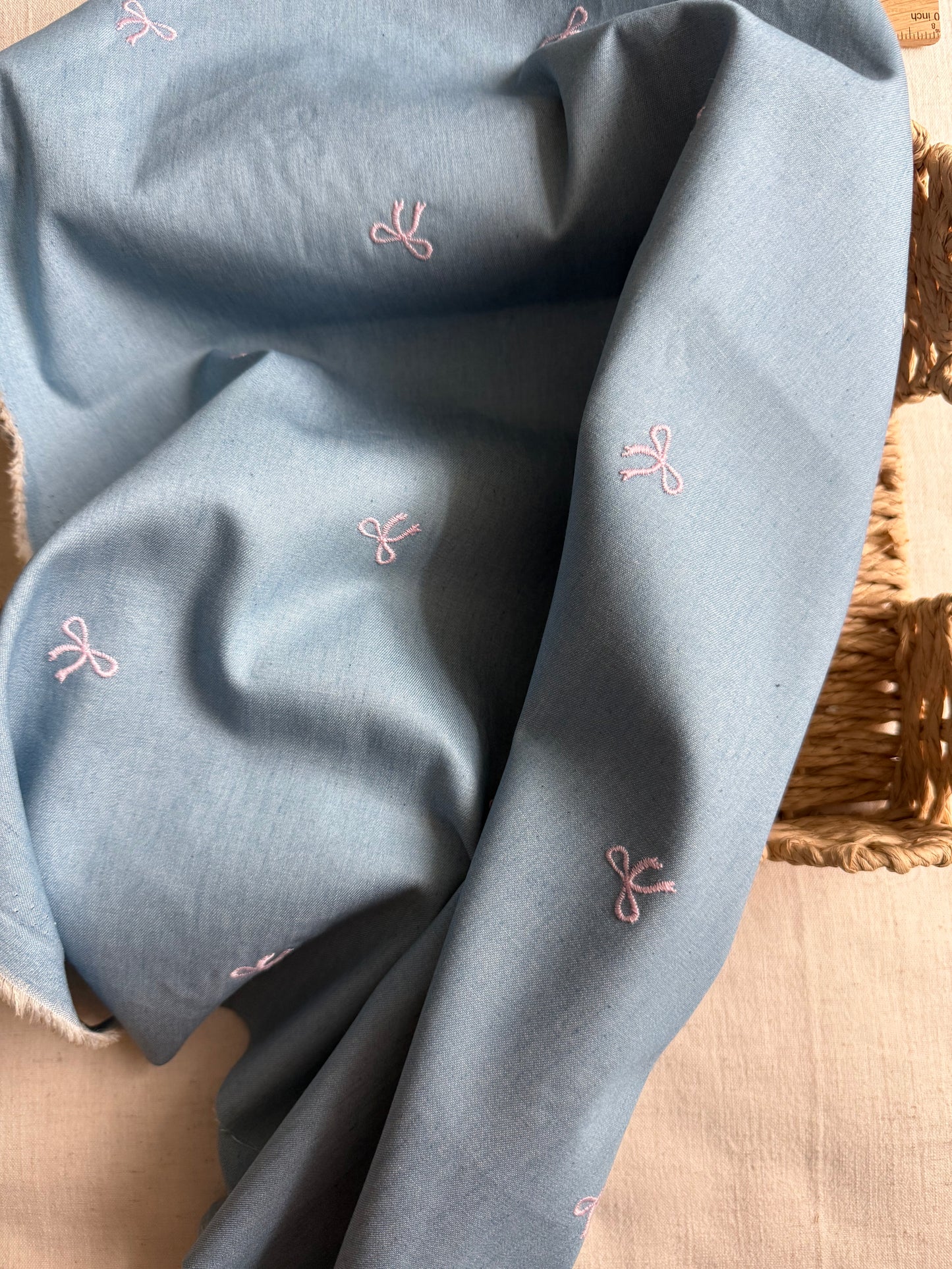 Embroidered Cotton Chambray Denim Fabric  - Bows