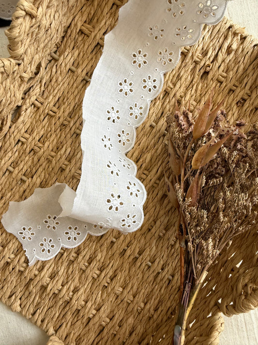 Cotton Broderie Anglaise Trim - White - 50mm wide