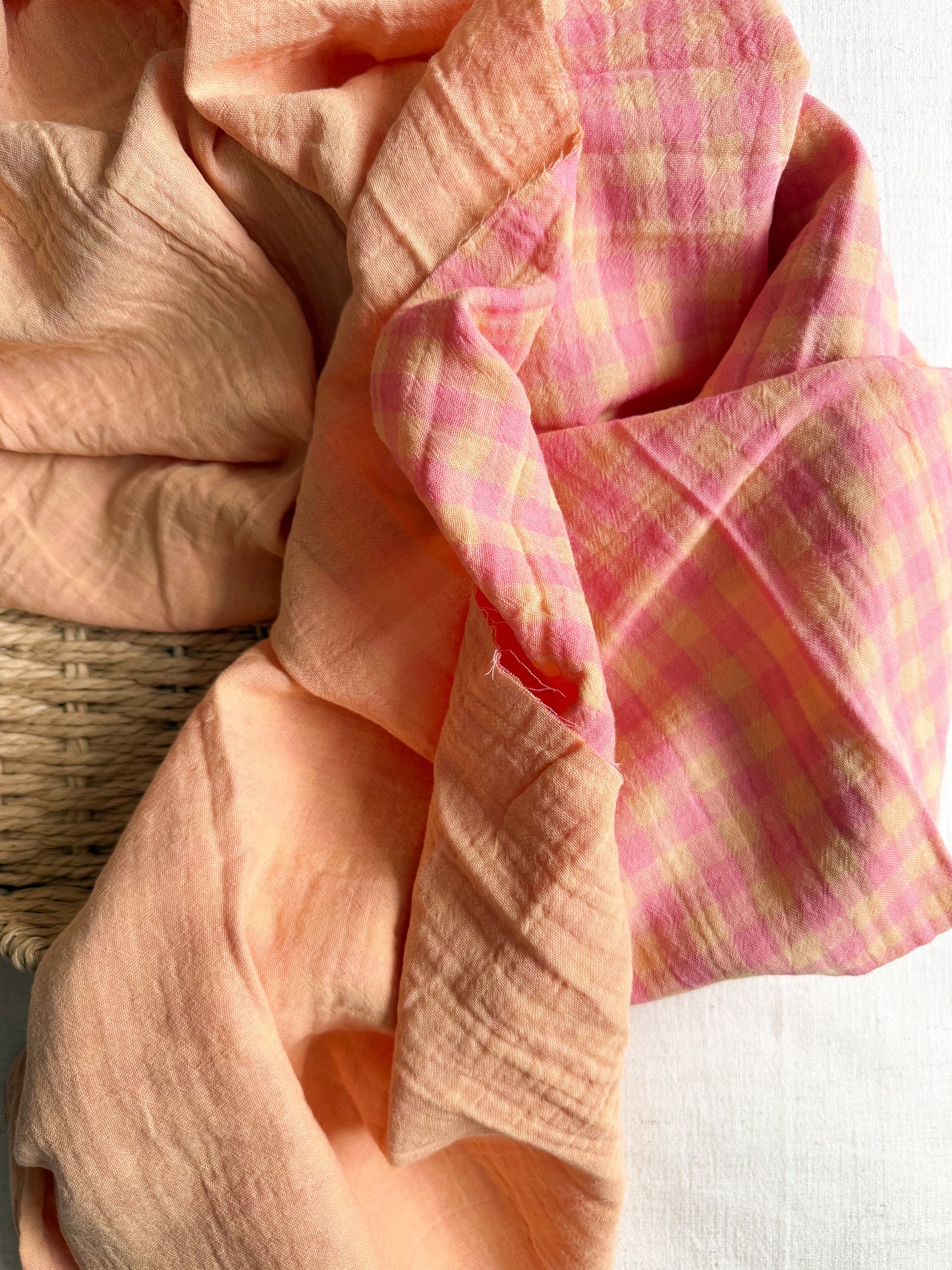 Double Gauze Cotton Fabric - Double Sided Gingham - Rhubarb - 90cm Remnant
