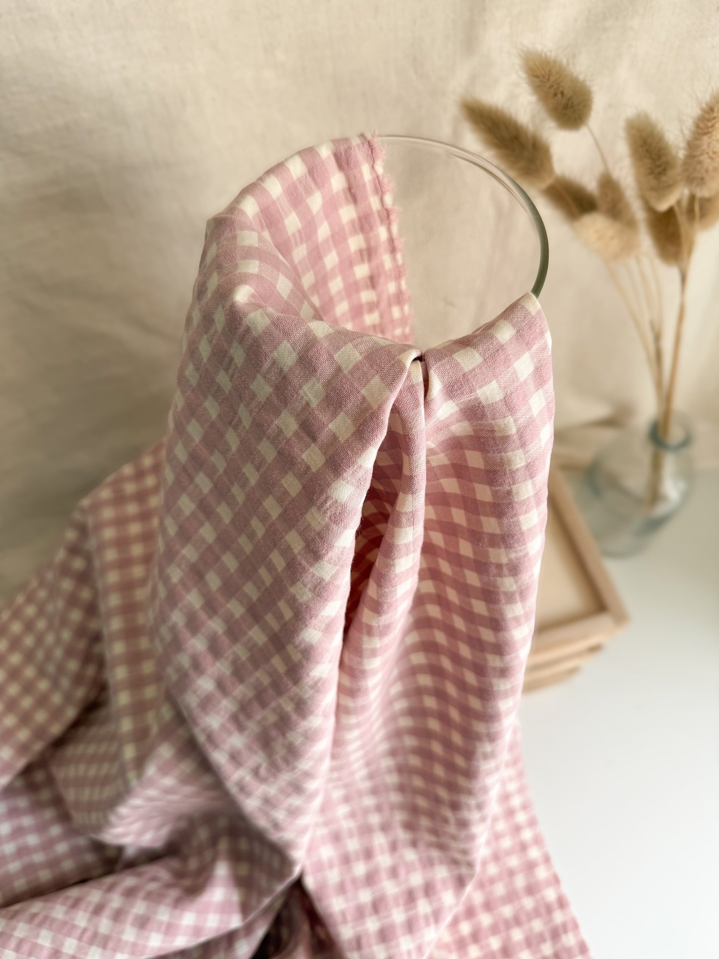 Organic Cotton Blend Seersucker Fabric - Gingham Soft Pink
