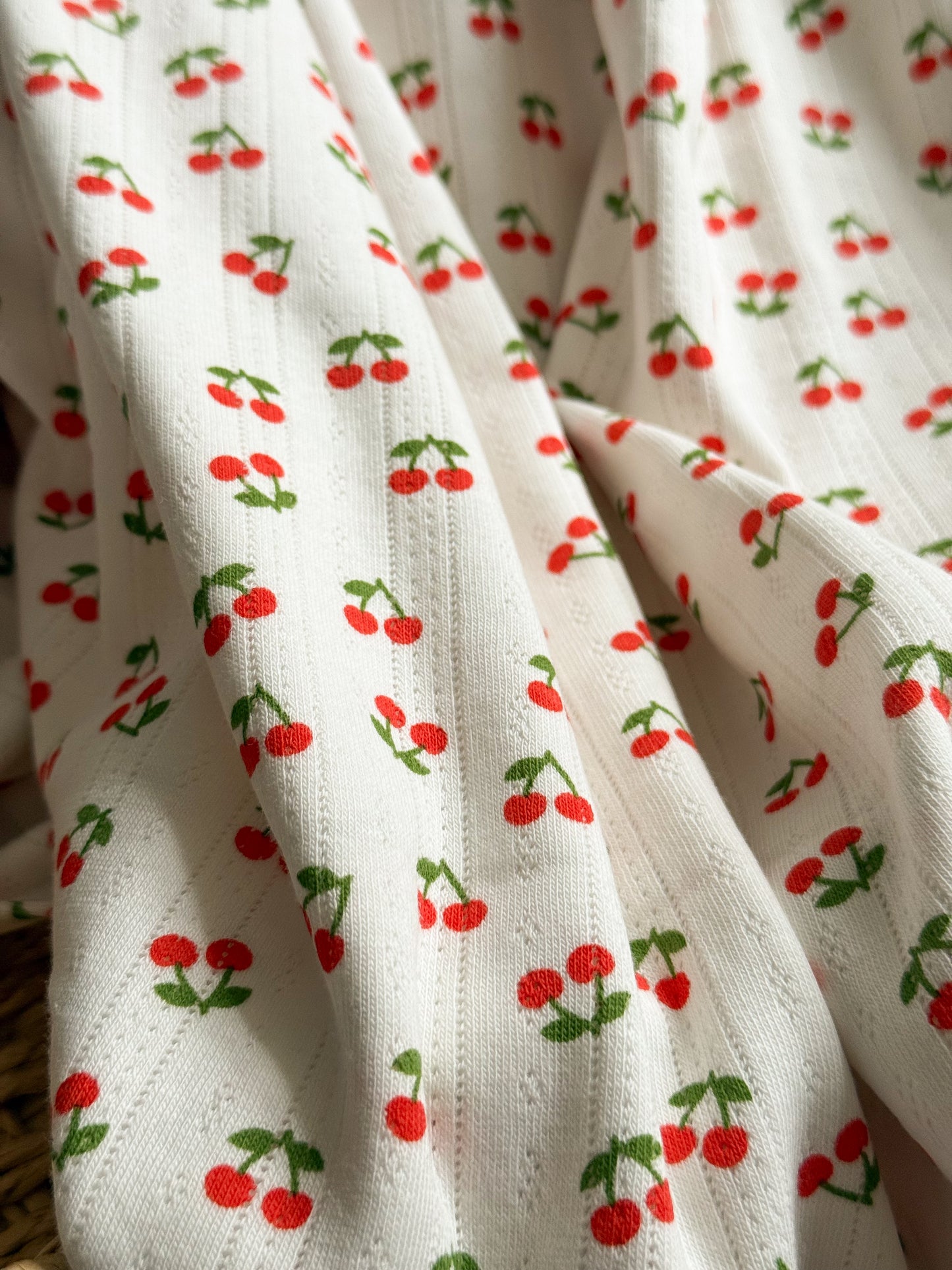 Printed Cotton Jersey Pointelle Fabric - Cherries