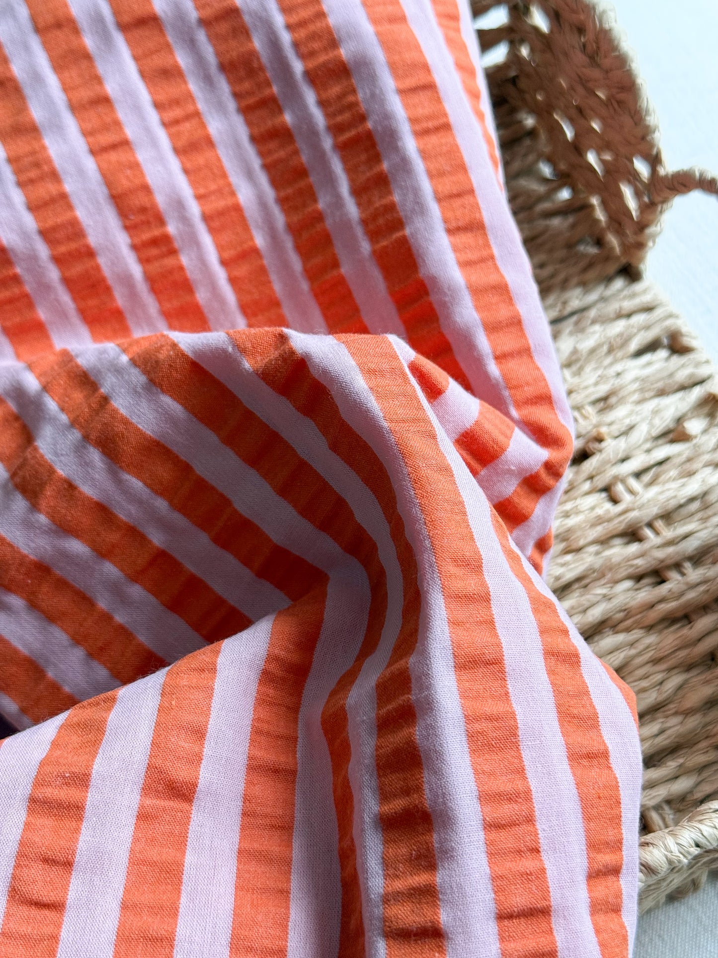 Cotton Seersucker Fabric - Orange & Rose