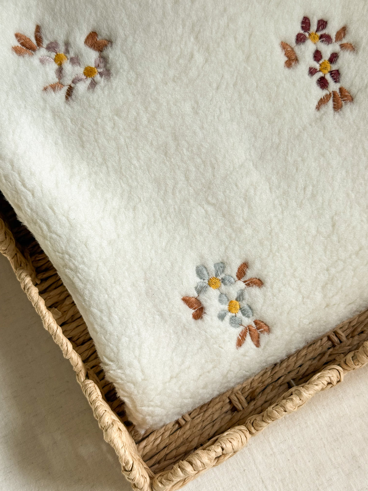 Soft Teddy Fabric - Embroidered Flowers - Ecru
