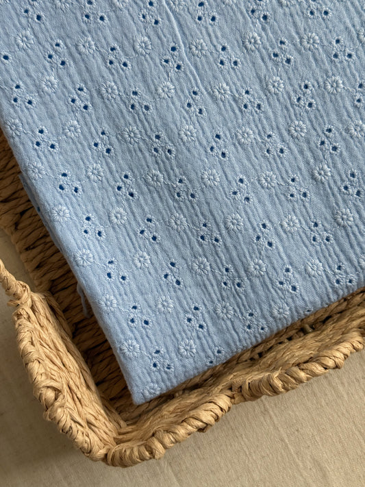 Embroidered Double Gauze Fabric - Pastel Blue