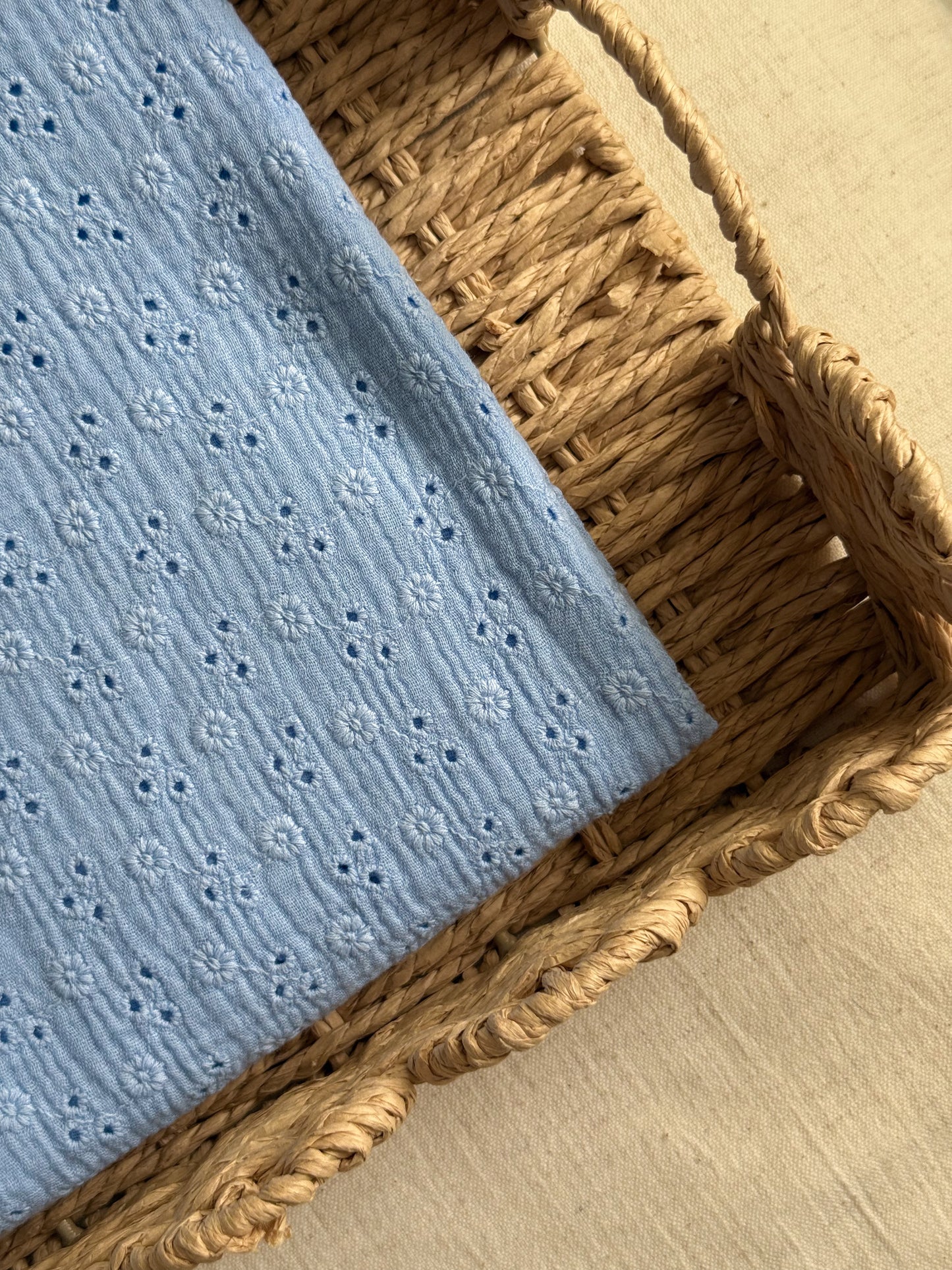 Embroidered Double Gauze Fabric - Pastel Blue