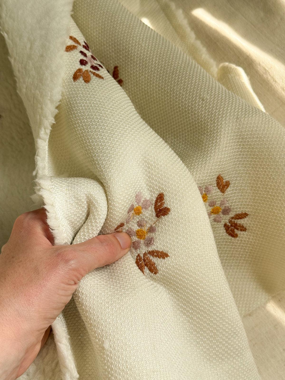 Soft Teddy Fabric - Embroidered Flowers - Ecru