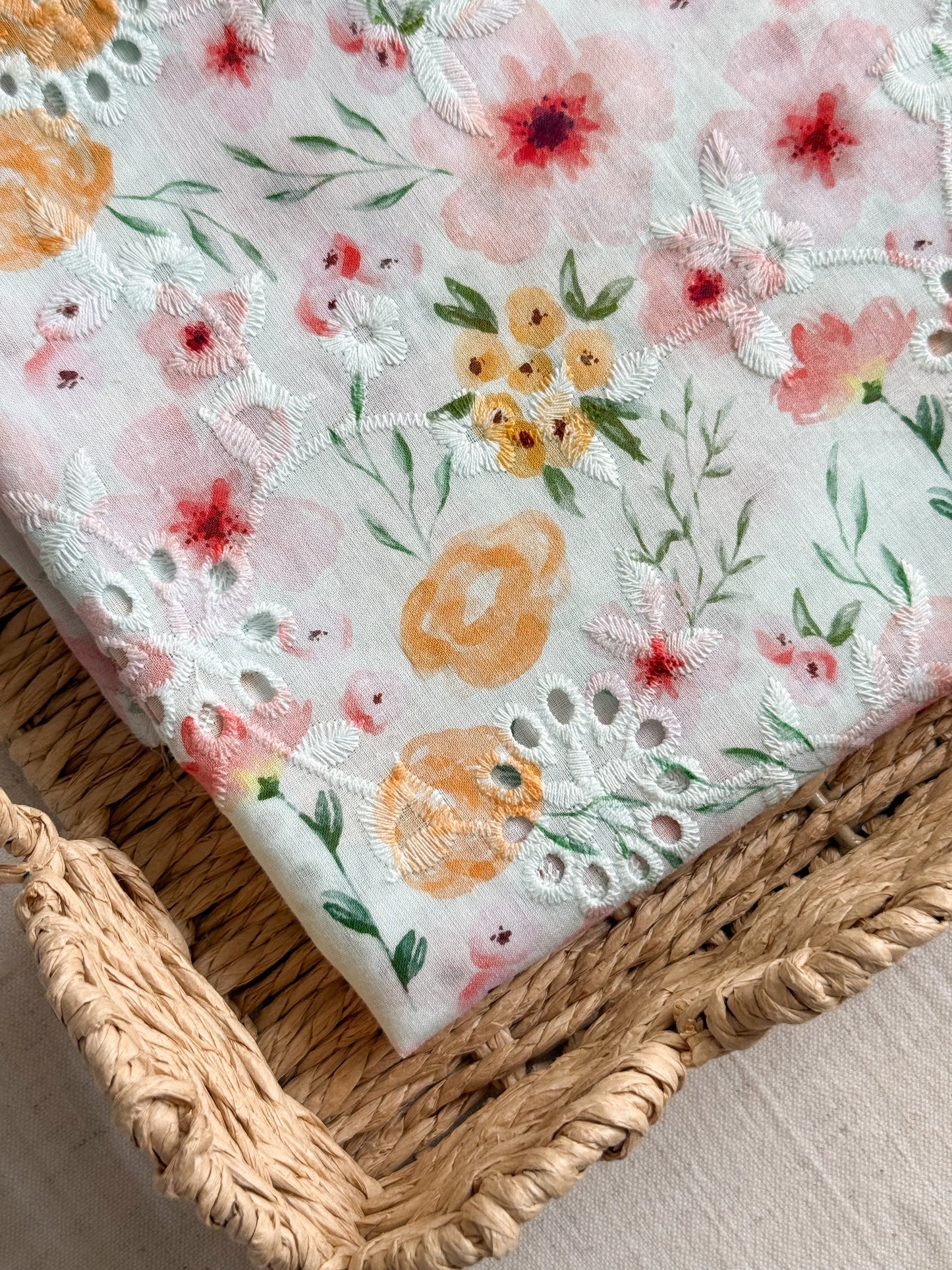 Cotton Voile Embroidered Broderie Anglaise Fabric - Spring Flowers - SEE DESCRIPTION