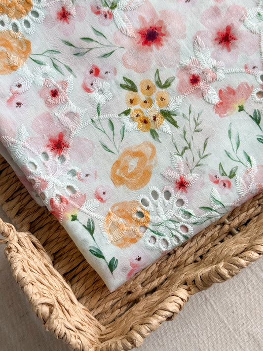 Cotton Voile Embroidered Broderie Anglaise Fabric - Spring Flowers - SEE DESCRIPTION