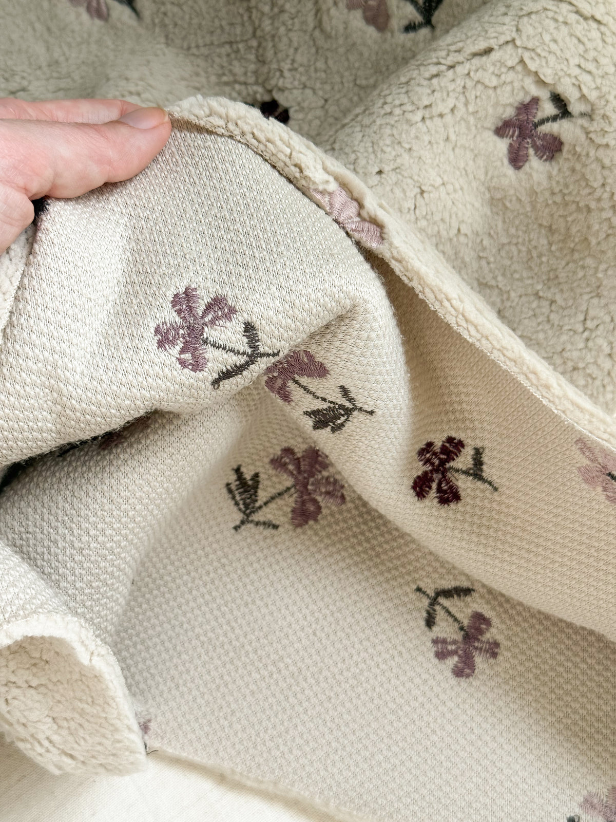 Soft Teddy Fabric - Greige / Purple Embroidered Flowers
