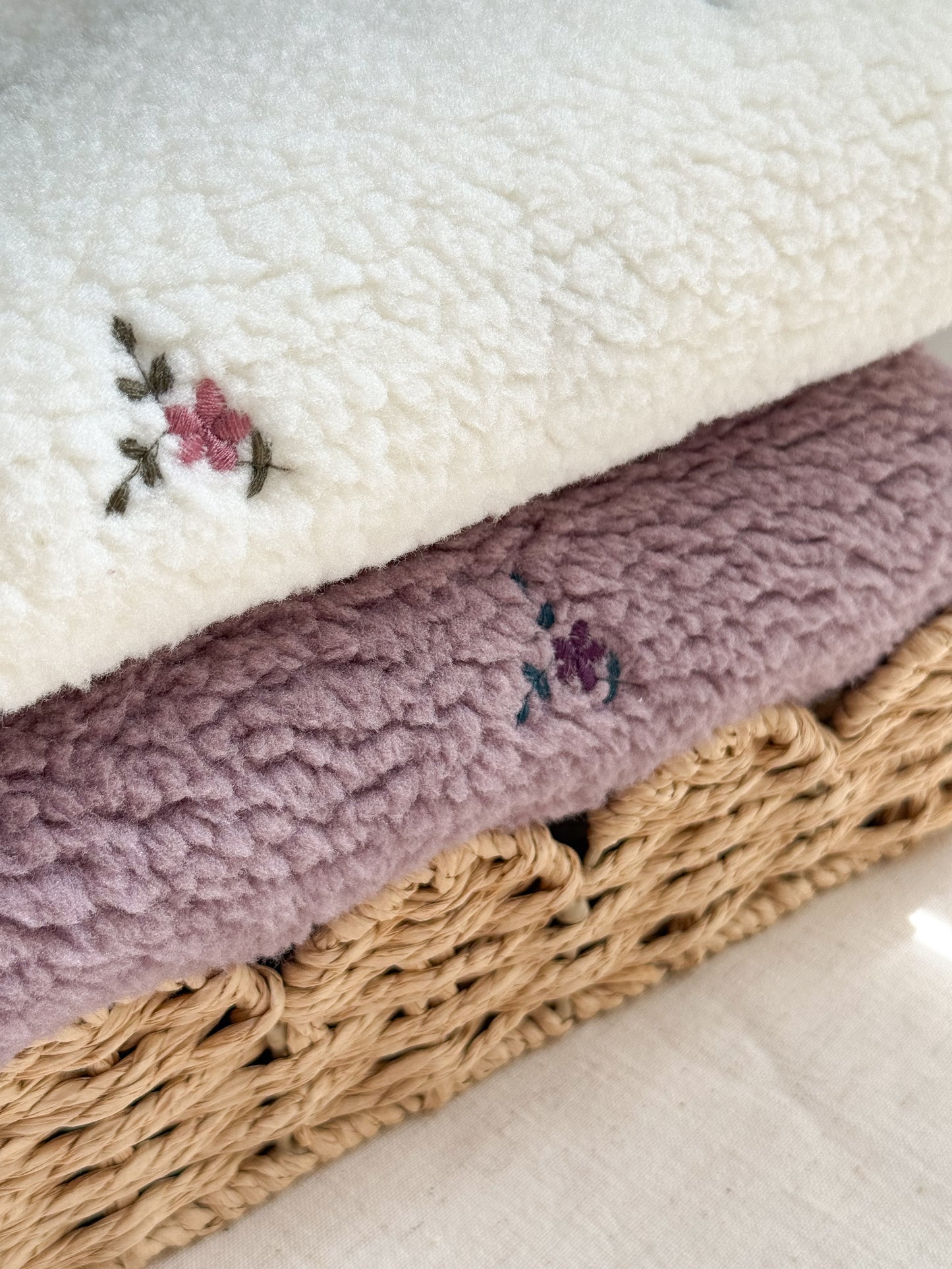 Soft Teddy Fabric - Embroidered Flowers - Ecru