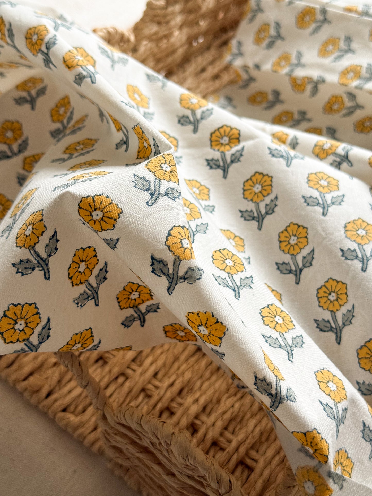 Indian Cotton Block Print Fabric - Flowering in Yellow - 30cm Remnant