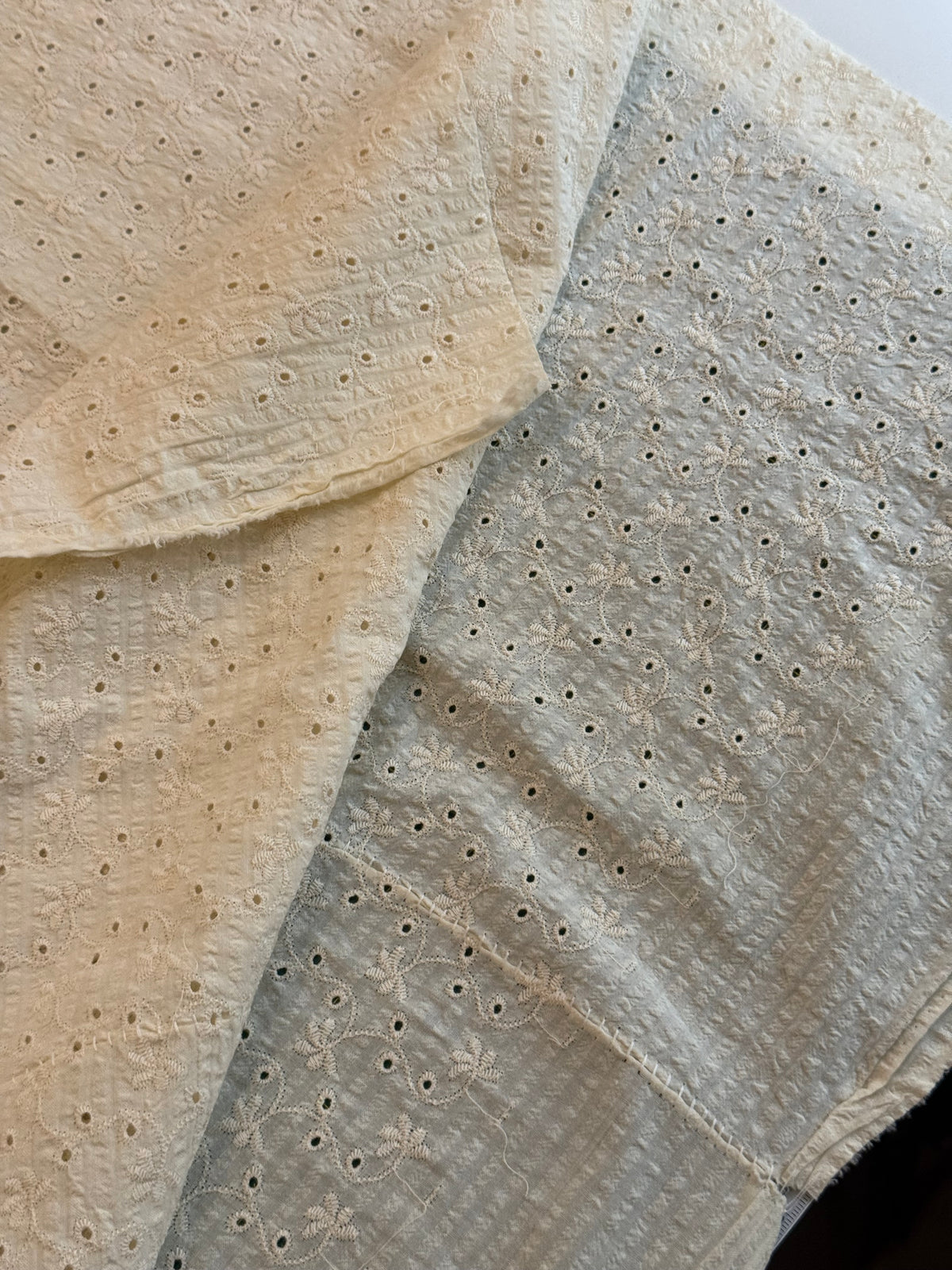 Cotton Embroidered Seersucker Fabric - Ecru Broderie Clematis - 100cm Remnant - Damaged - SEE IMAGES