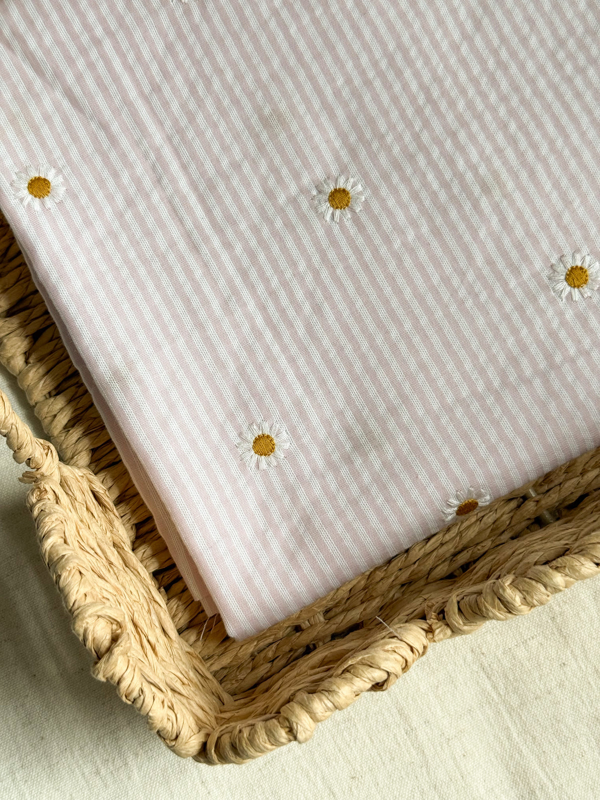 Cotton Stripe Seersucker Fabric With Embroidered Daisy - Nude Pink