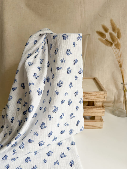Double Gauze Fabric - Swiss Dot Dobby Floral Blue