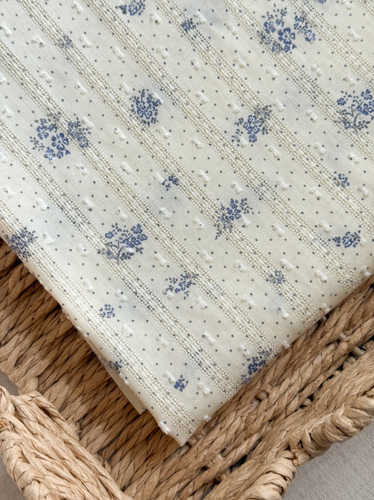 Embroidered Jacquard Cotton Swiss Dot Dobby Fabric - Blue Flowers & Dots