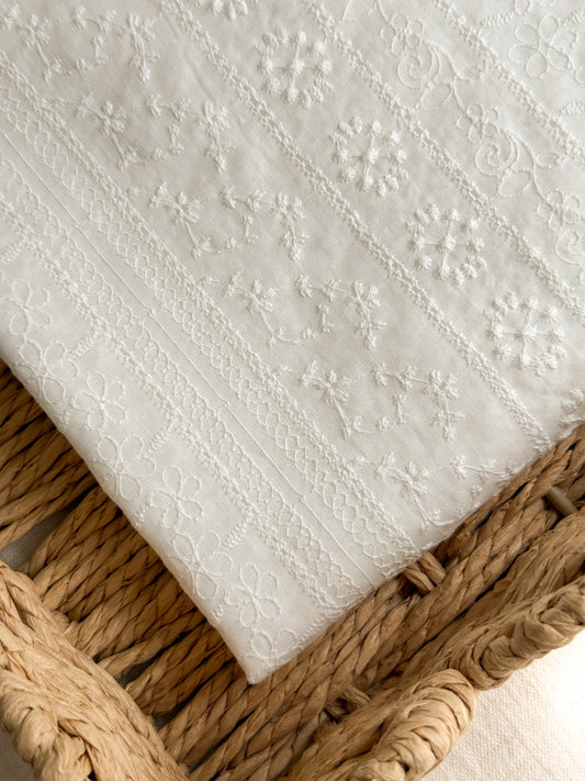 Embroidered Cotton Fabric - Floral Stripes - White