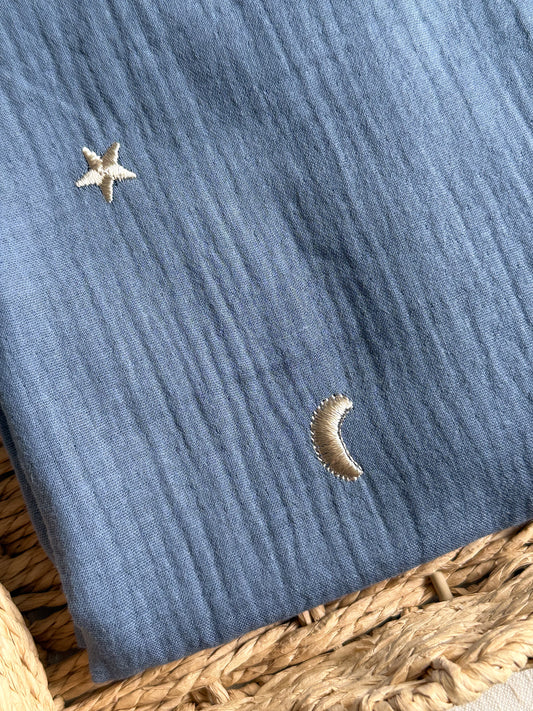 Embroidered Double Gauze Fabric - Moon & Stars - Blue