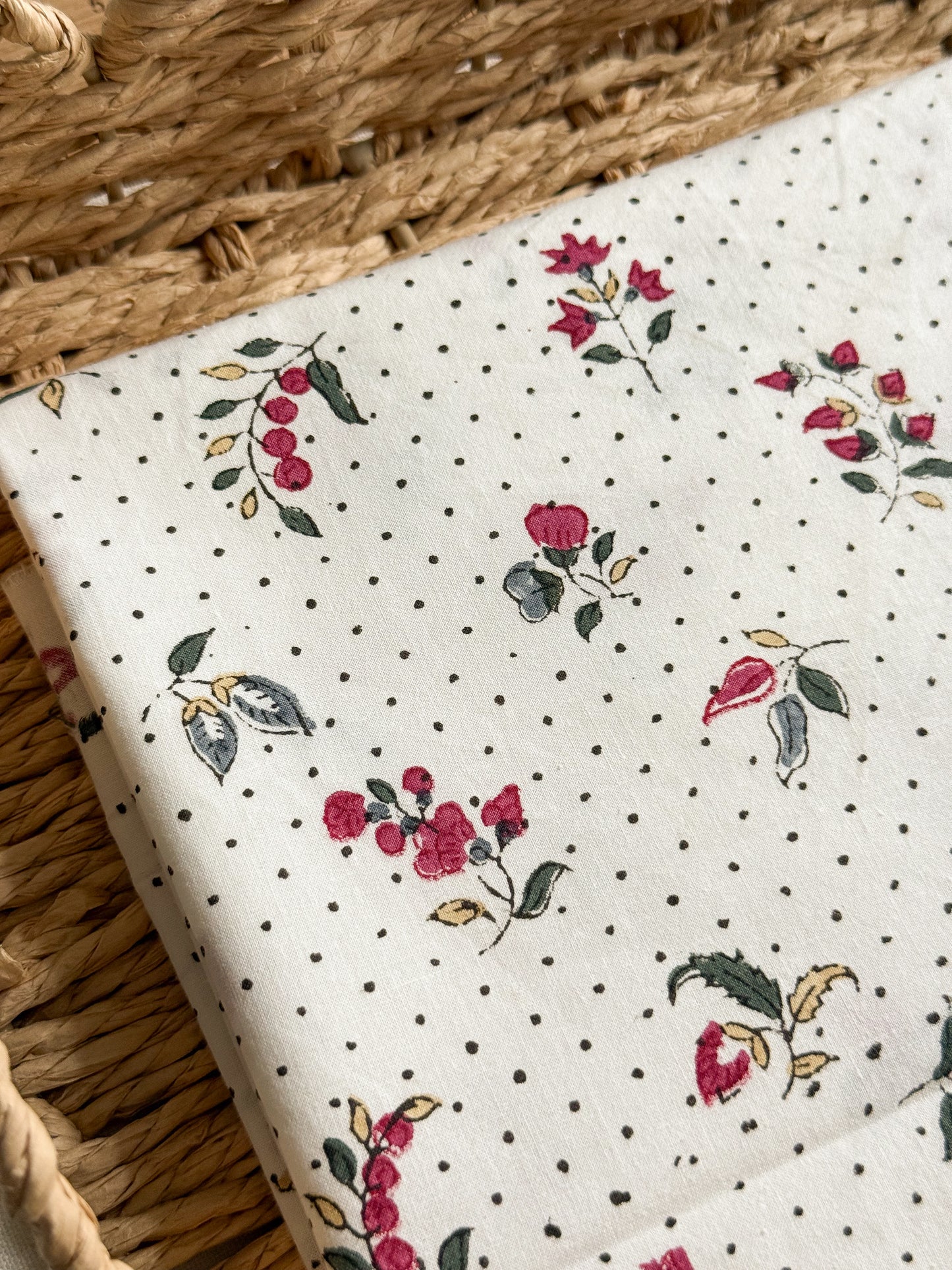 Indian Cotton Block Print Fabric - Dotty Floral - 40cm Remnant