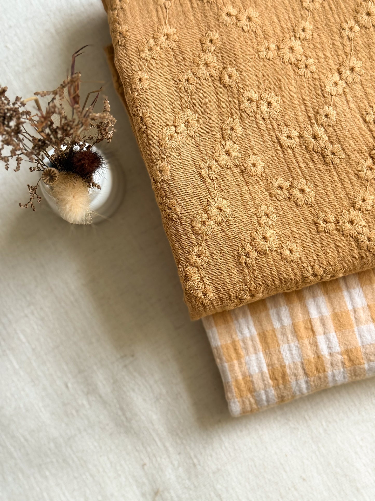 Double Gauze Cotton Fabric - Double Sided Gingham - Honey