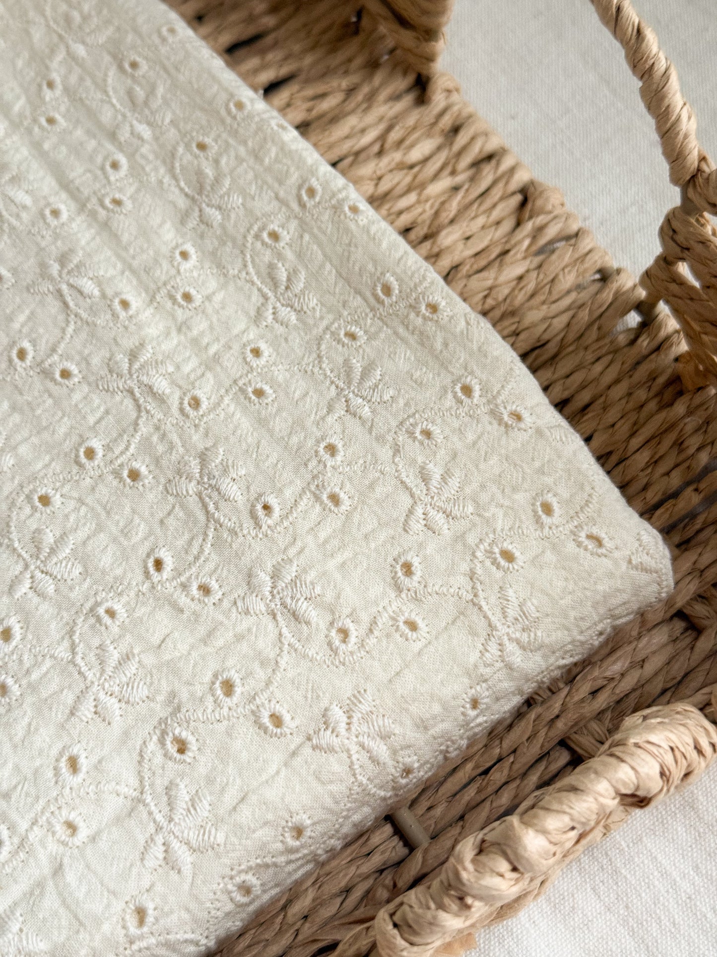 Cotton Embroidered Seersucker Fabric - Ecru Broderie Clematis