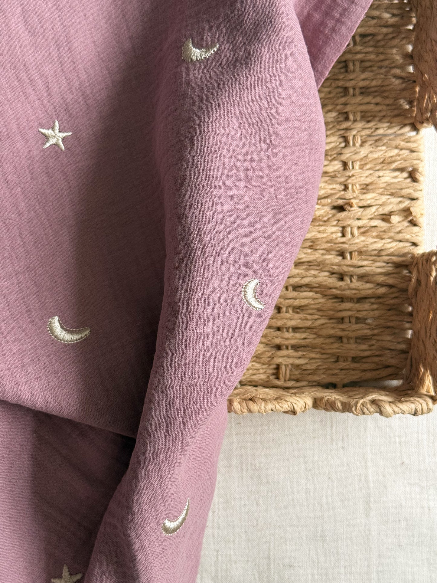 Embroidered Double Gauze Fabric - Moon & Stars - Mauve
