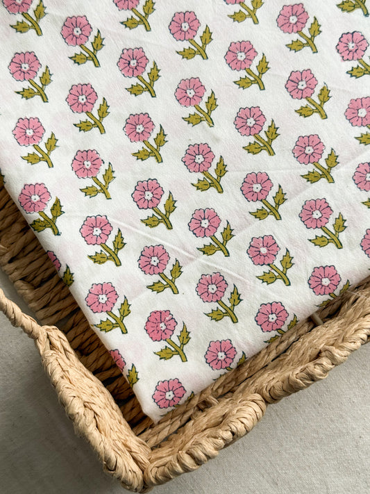 Indian Cotton Block Print Fabric - Flowering in Pink