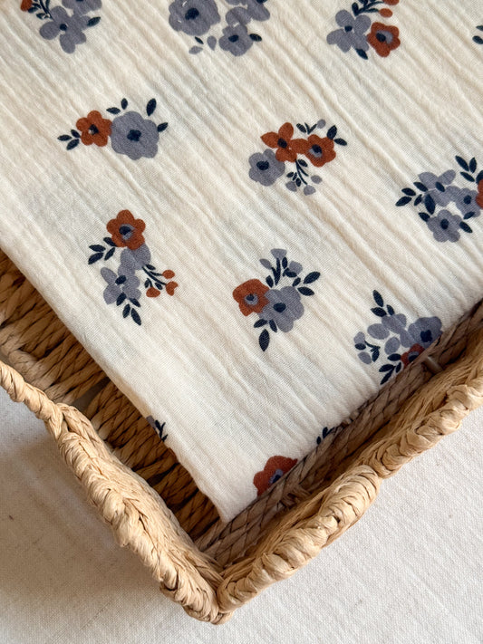 Double Gauze Fabric - Blue / Ecru Floral