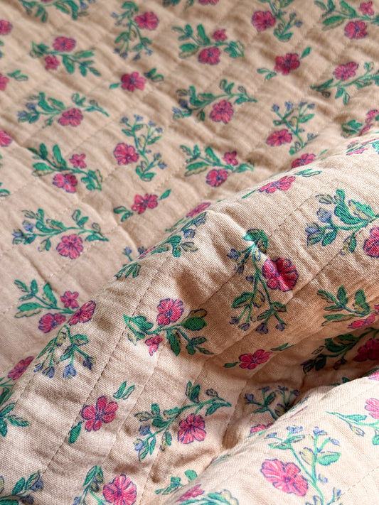 Reversible Quilted Double Gauze Fabric - Vintage Floral Magenta / Stripe