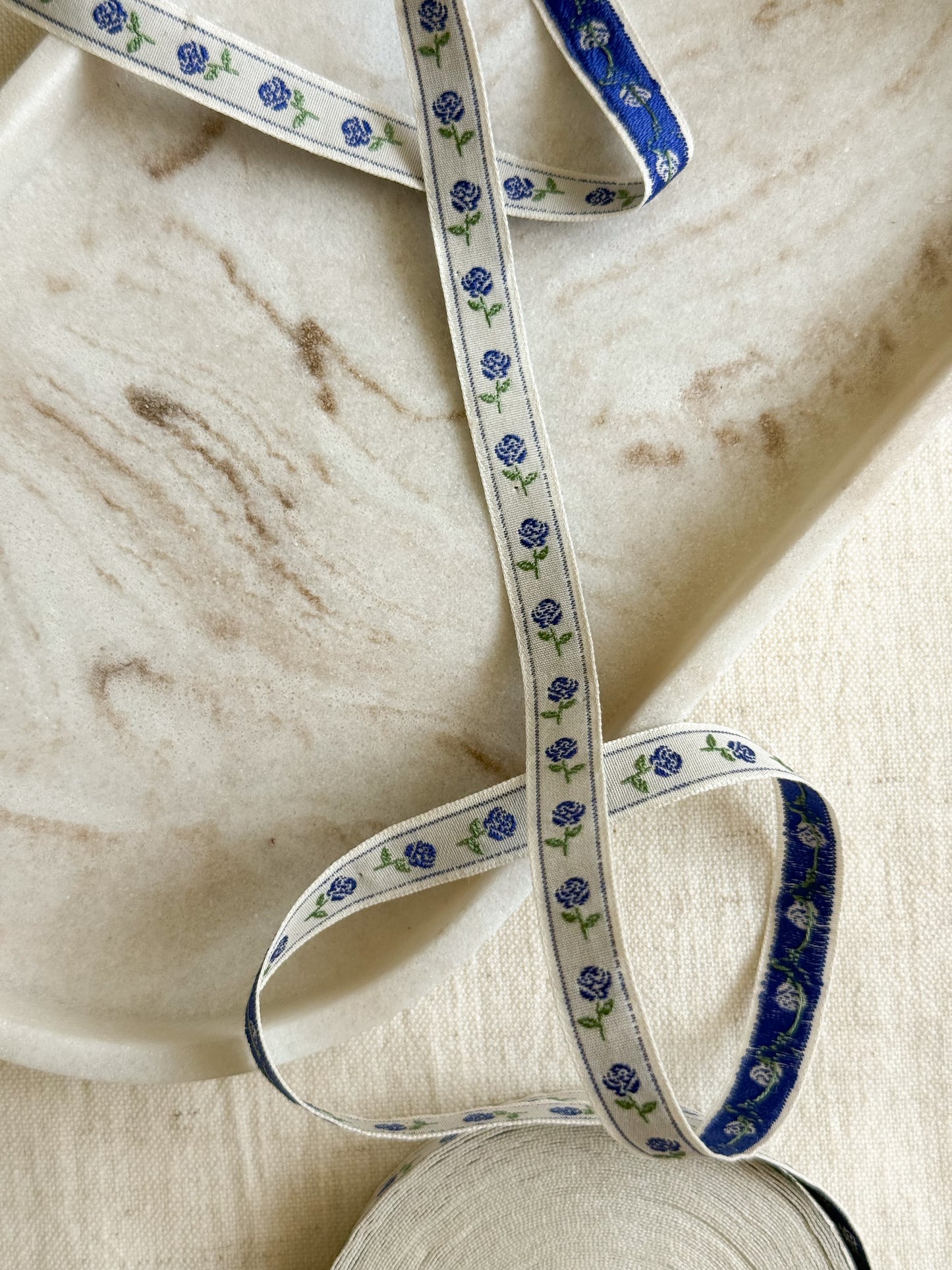 Jacquard Woven Ribbon - Rose Bud - Blue - 10mm