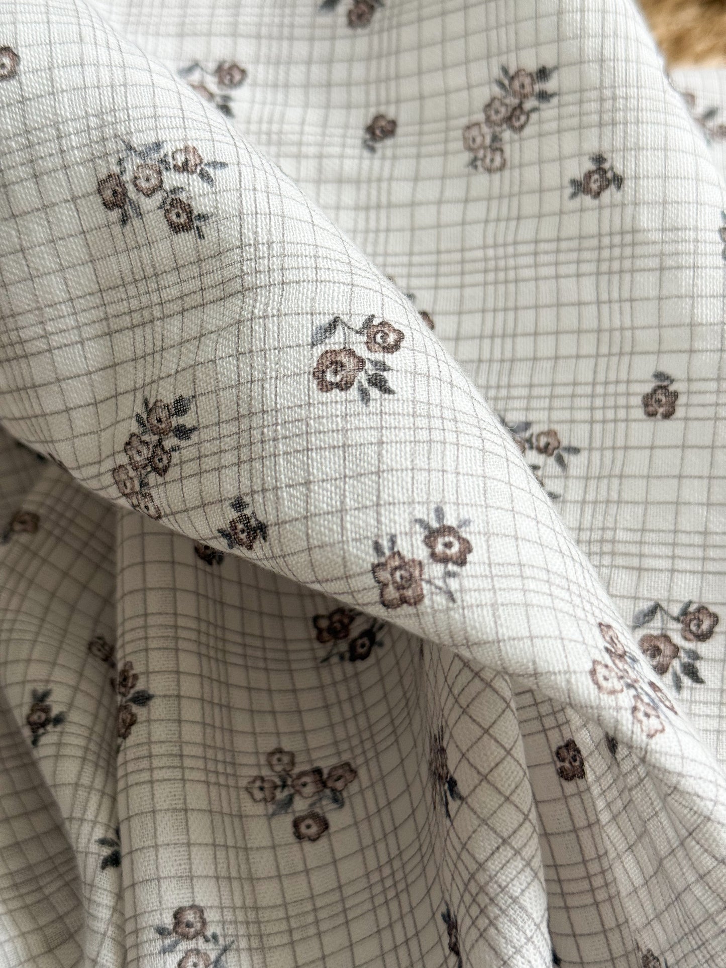 Organic Seersucker / Soft Cotton Fabric - Beige Floral Checks