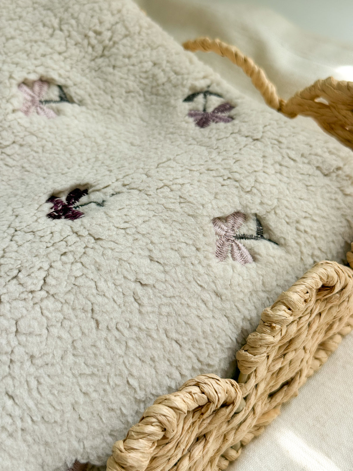 Soft Teddy Fabric - Greige / Purple Embroidered Flowers