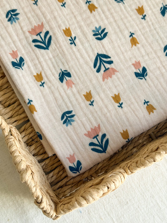Double Gauze Fabric - Tulips - Camel / Pink