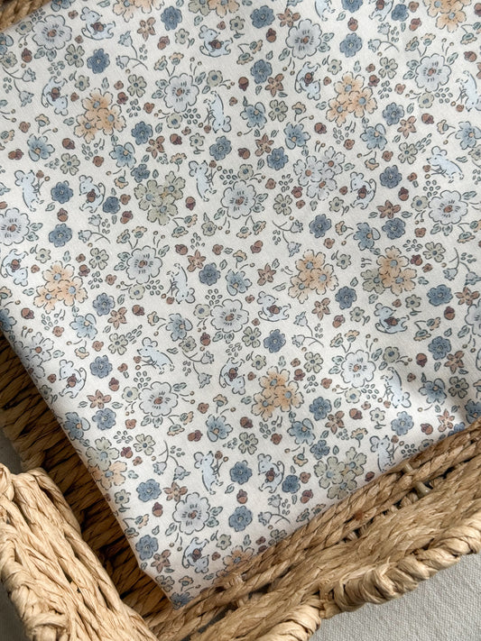 Organic Cotton Fabric - Mice & Floral - Blue