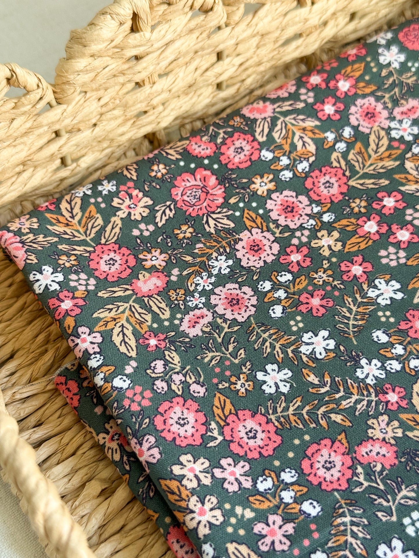 Cotton Poplin Fabric  - Khaki & Pink Floral