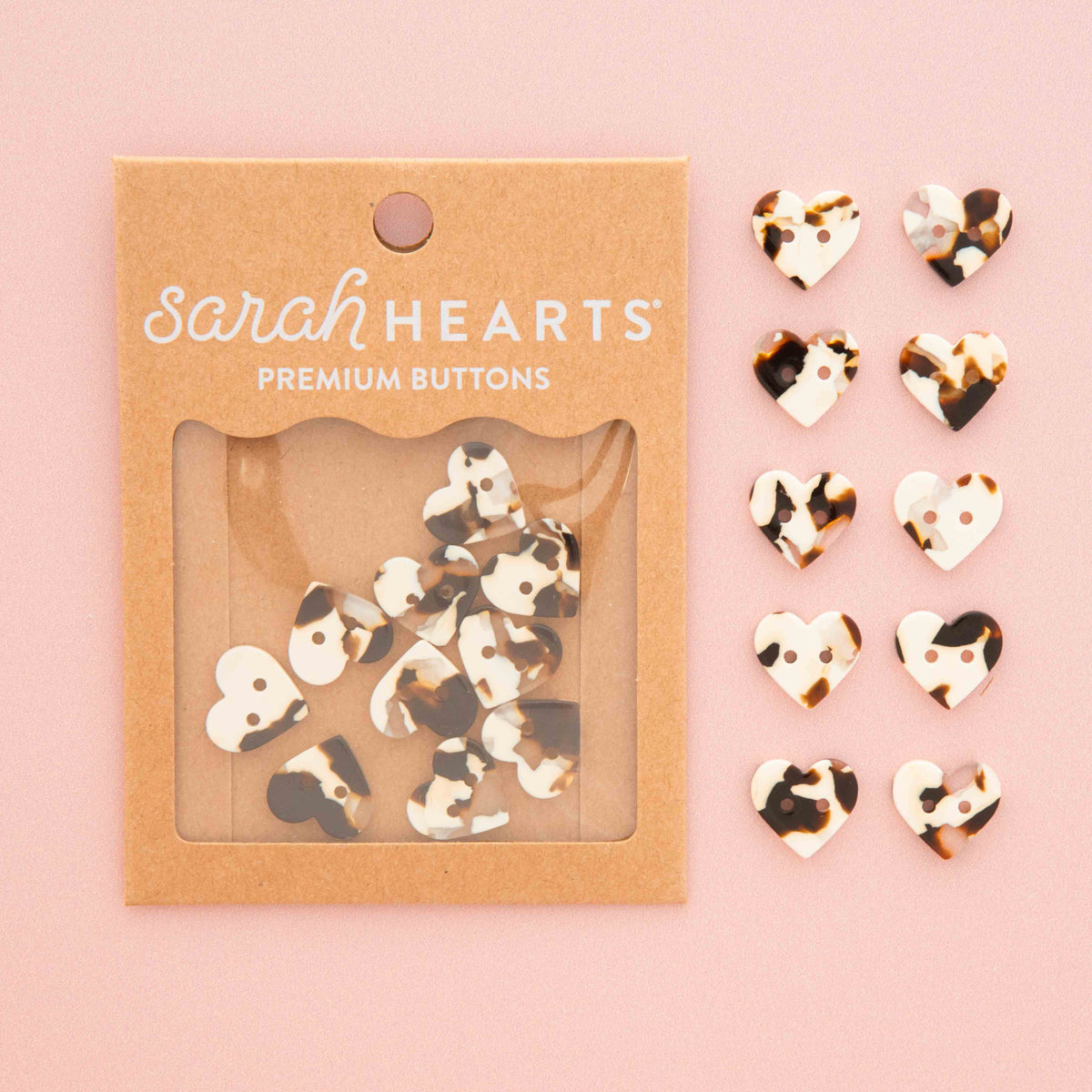 Small Black + Cream Tortoise Heart Buttons - Pack of 10