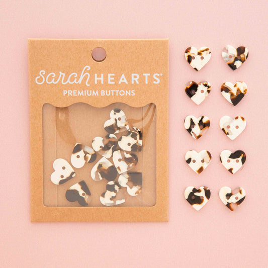 Small Black + Cream Tortoise Heart Buttons - Pack of 10