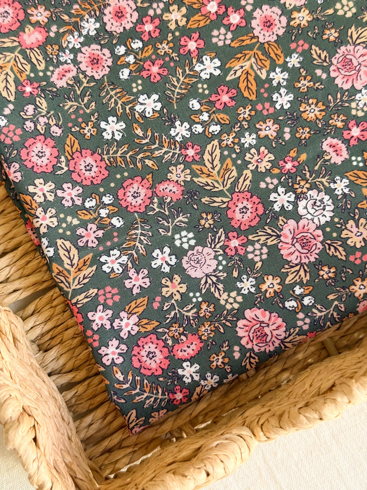 Cotton Poplin Fabric  - Khaki & Pink Floral