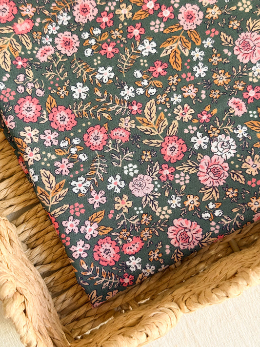 Cotton Poplin Fabric  - Khaki & Pink Floral