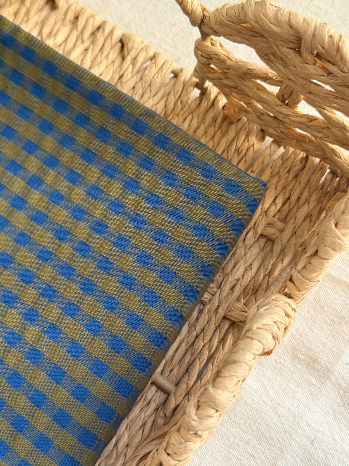 Cotton Seersucker Fabric - Gingham - Cobalt / Bronze