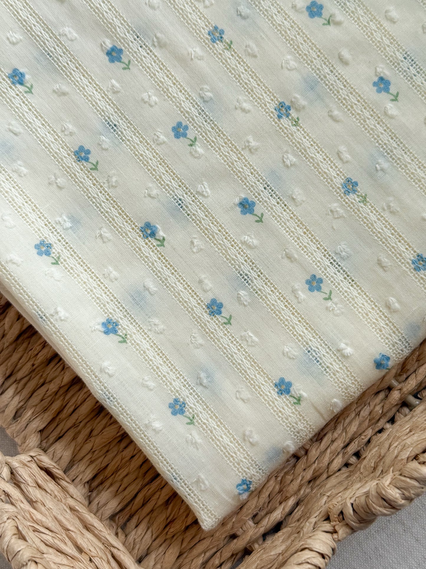 Embroidered Jacquard Cotton Swiss Dot Dobby Fabric - Blue Flowers