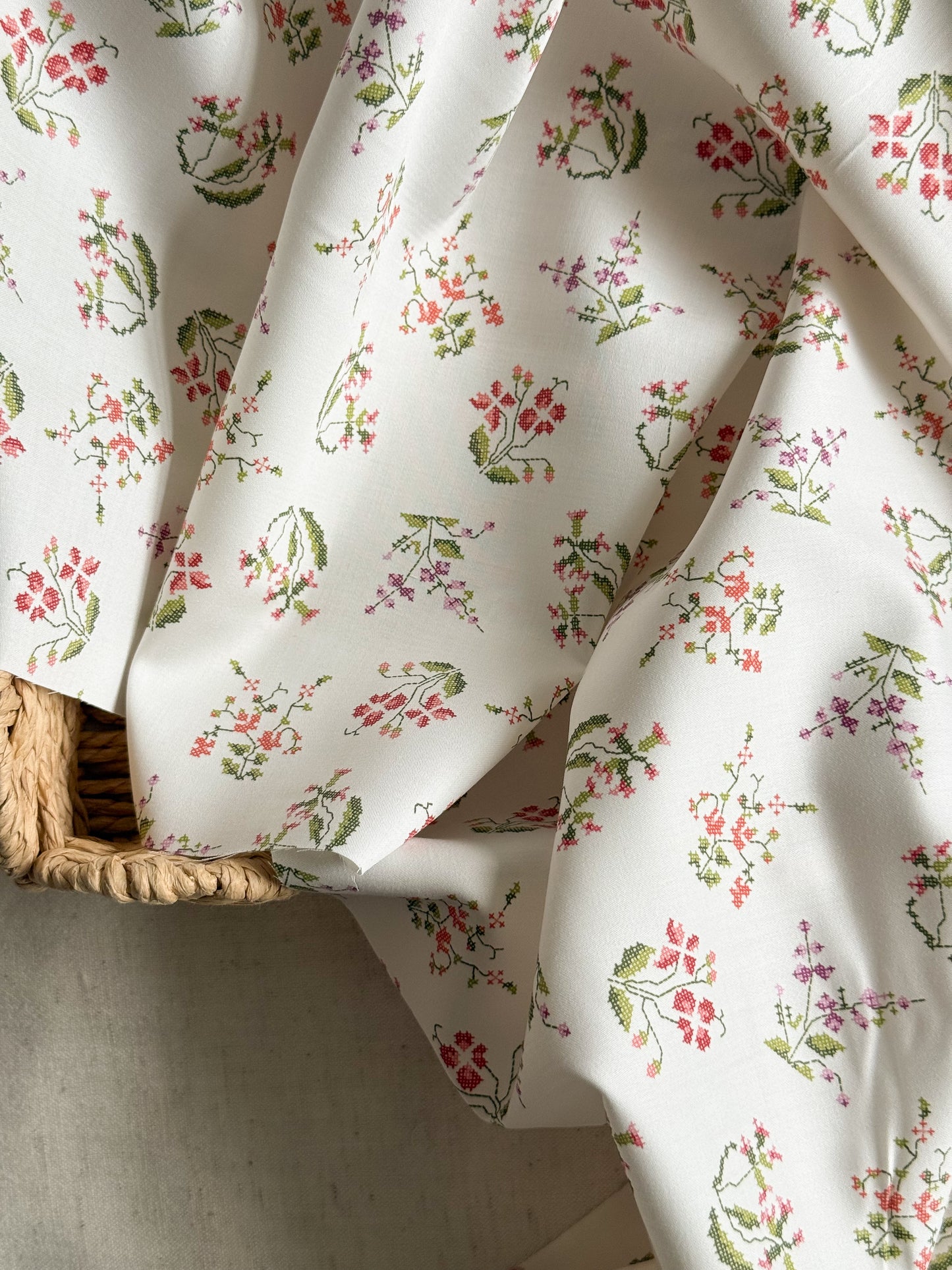 Organic Cotton Sateen Fabric - Cross Stitch Floral Print