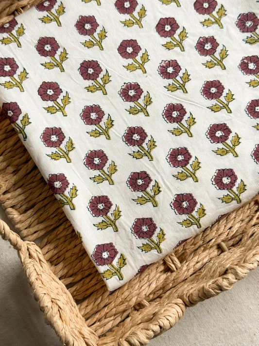 Indian Cotton Block Print Fabric - Flowering in Aubergine