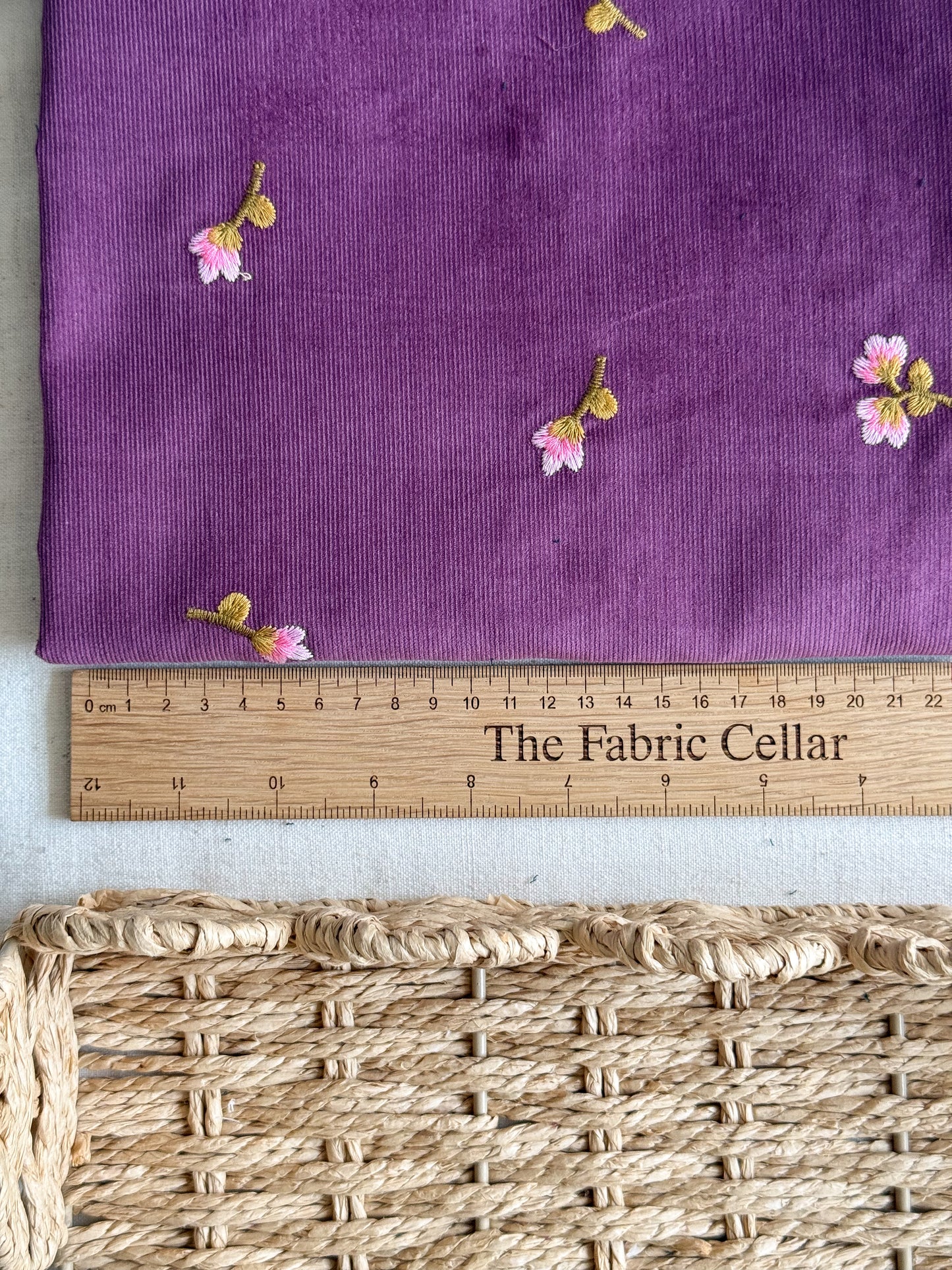 Cotton Embroidered Baby Cord Fabric - Plum