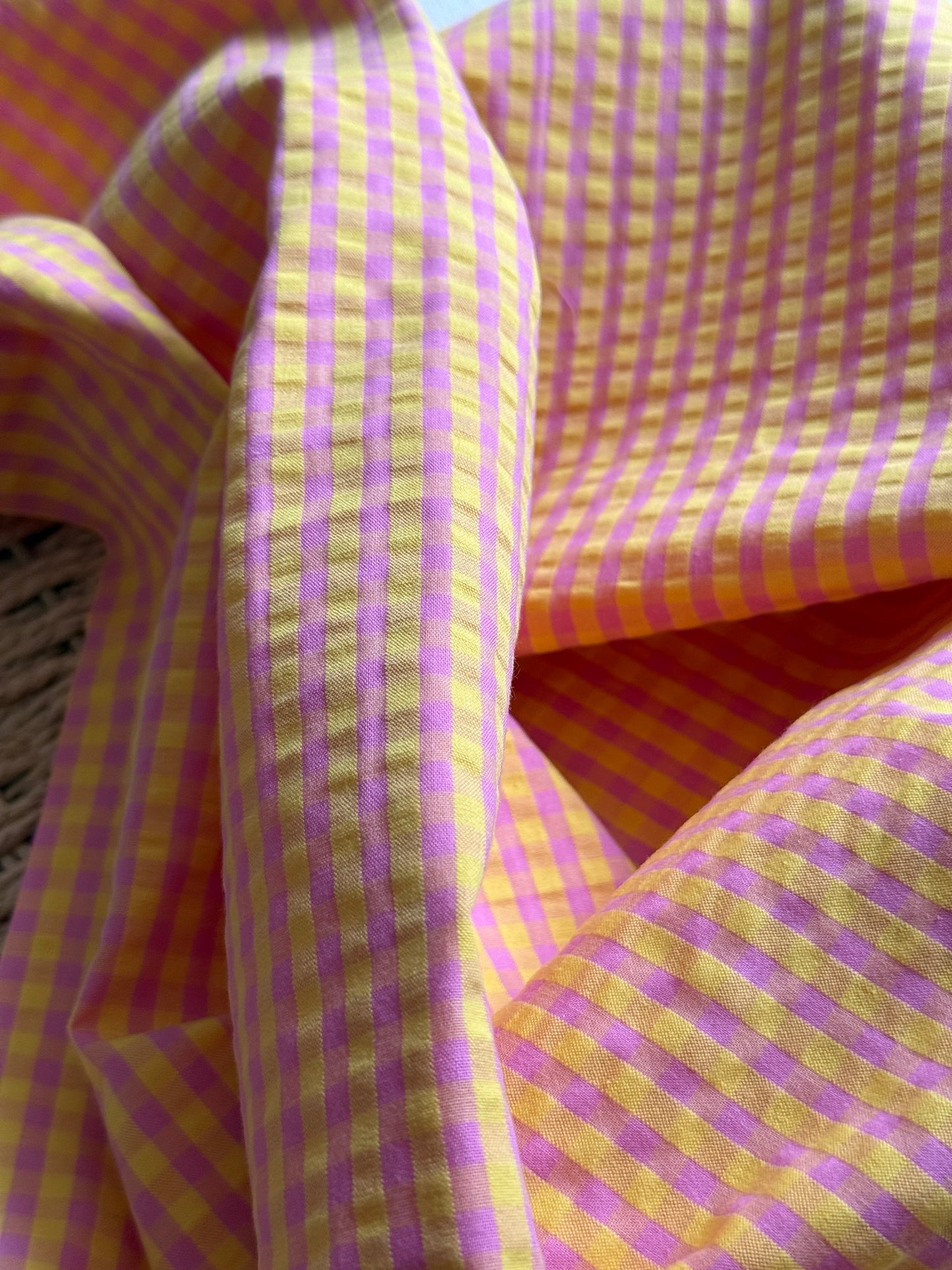 Cotton Seersucker Fabric - Gingham - Rhubarb & Custard