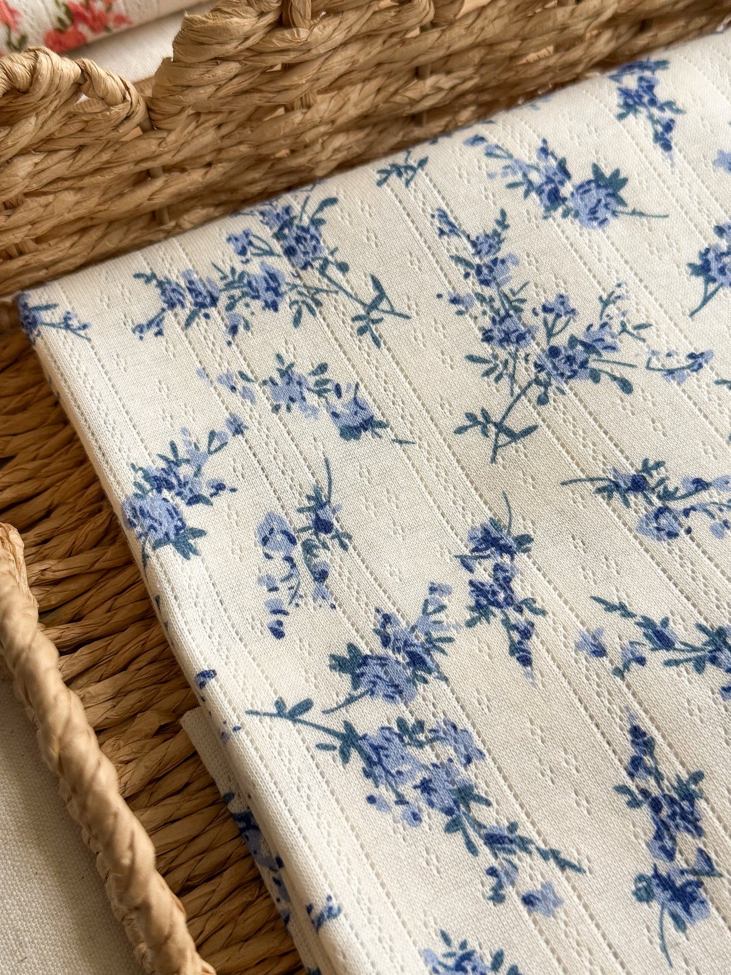 Printed Cotton Jersey Pointelle Fabric - Blue Branches