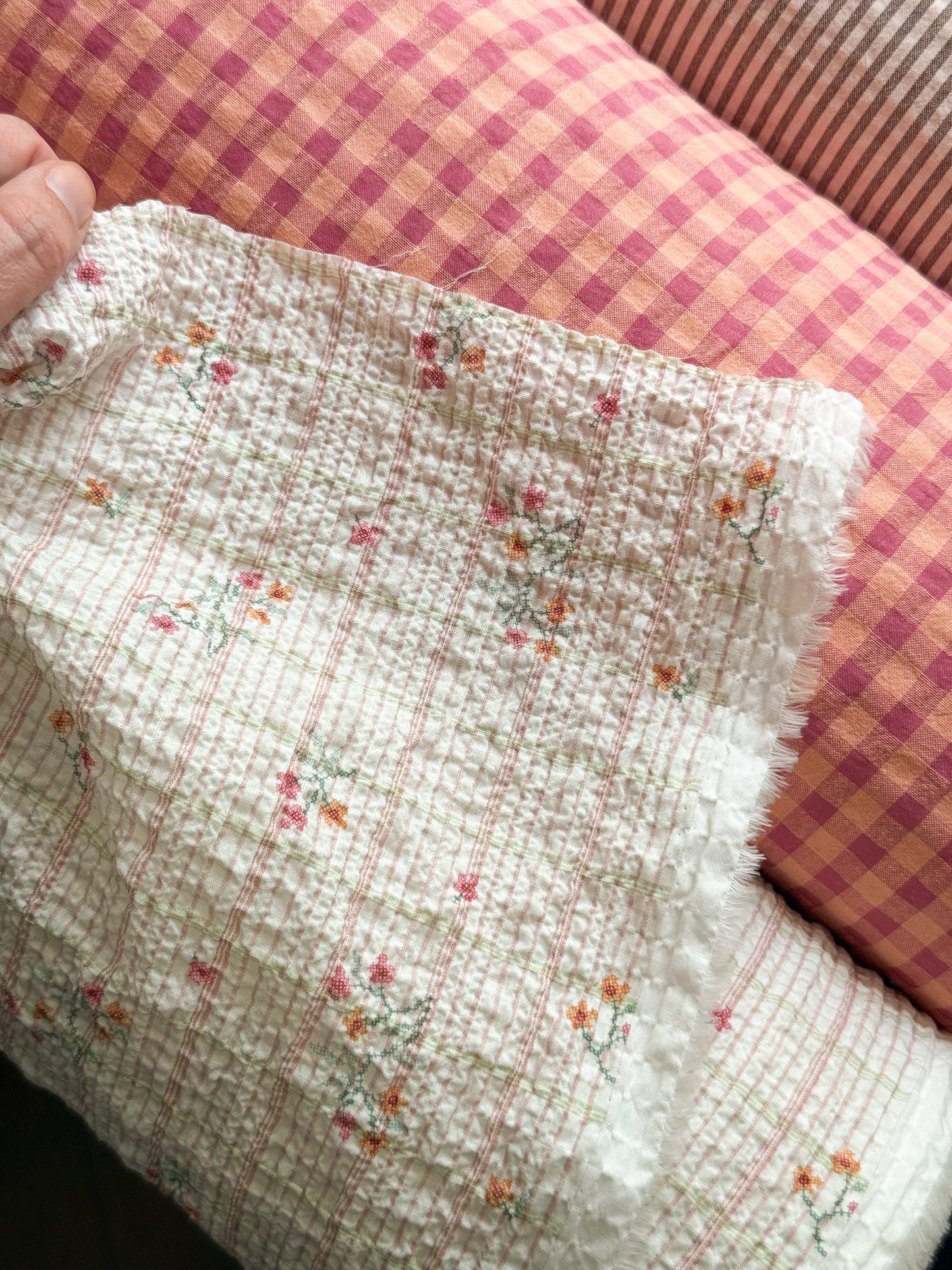 Textured Cotton Crinkle Fabric - Floral Plaid Pink